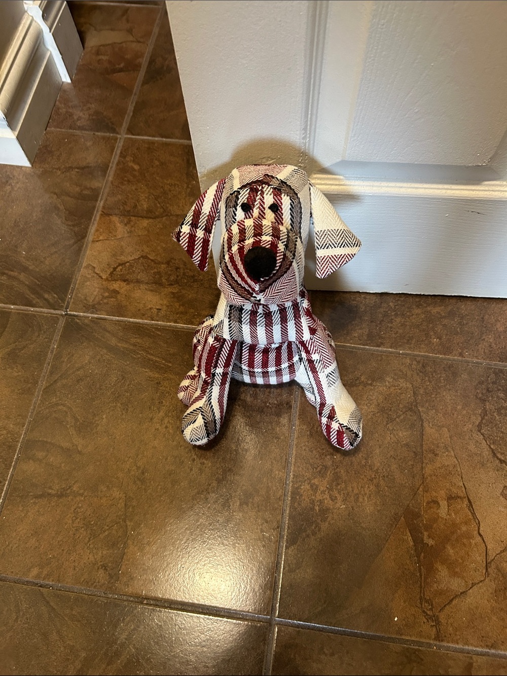 Door Stopper Plush Plaid Dog - Burgundy and White